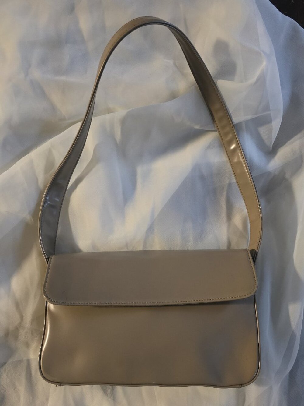 Vintage Preston & York Taupe Faux Leather Flap Baguette Shoulder Bag Minimalist